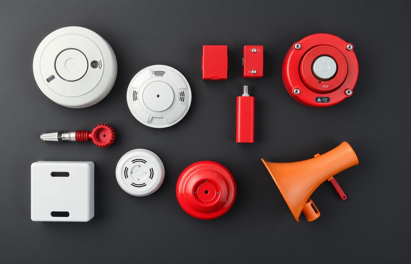 Berbagai komponen fire alarm system: smoke detector, heat detector, manual call point, alarm bell, dan horn strobe